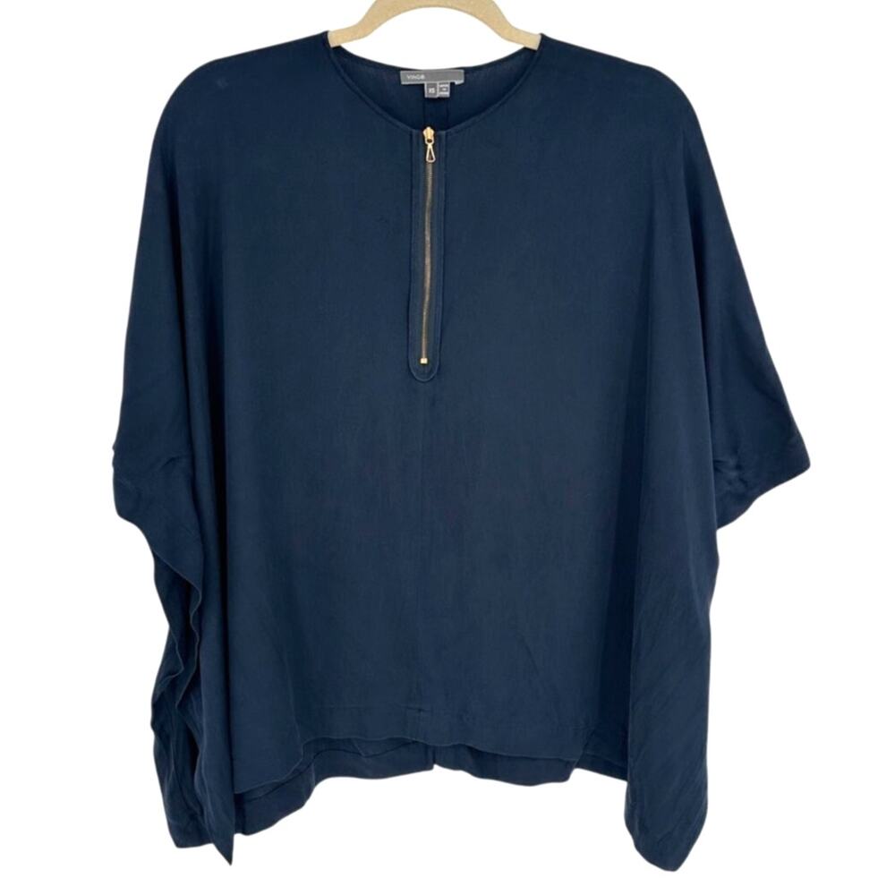 Vince Navy Blue Stretch Silk Blend Top XS Short Sleeve Gold Zipper Office Luxe